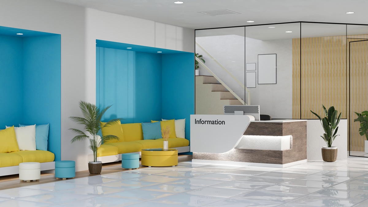 Modern trendy health care centre or medical clinic lobby and waiting room interior background