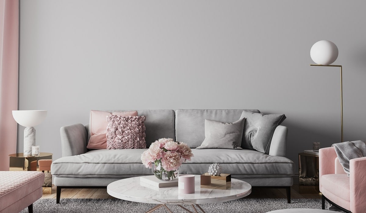 Elegant modern living room design, wall mockup in pink and gray home decor