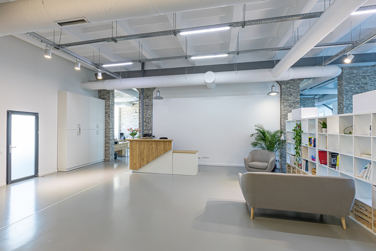 Hall of business building with light colors. interior of business office in the business center