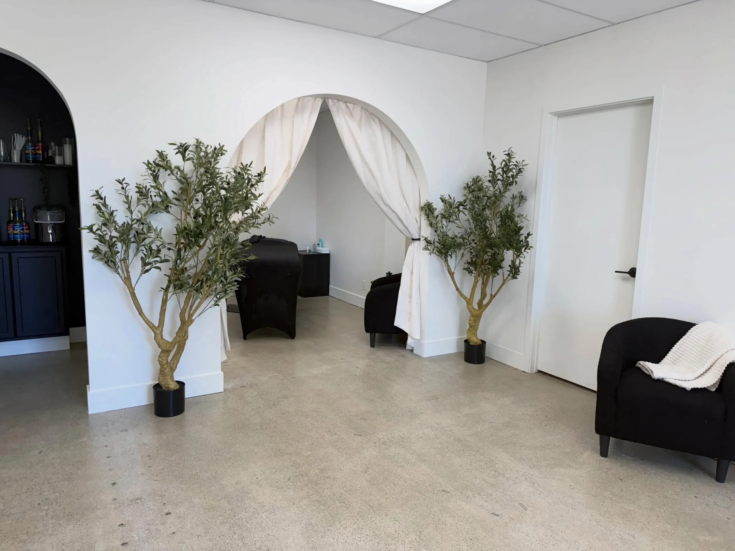 Commercial Interior Painting Services for Business Spaces Clean white painted walls and concrete floor in a commercial salon space with arched doorways and decorative trees.